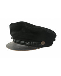 The Suede Bowie Cap – Black/Brown by FallenBROKENstreet. Genuine suede cap with rope detail and copper-toned hardware, inspired by vintage music culture.