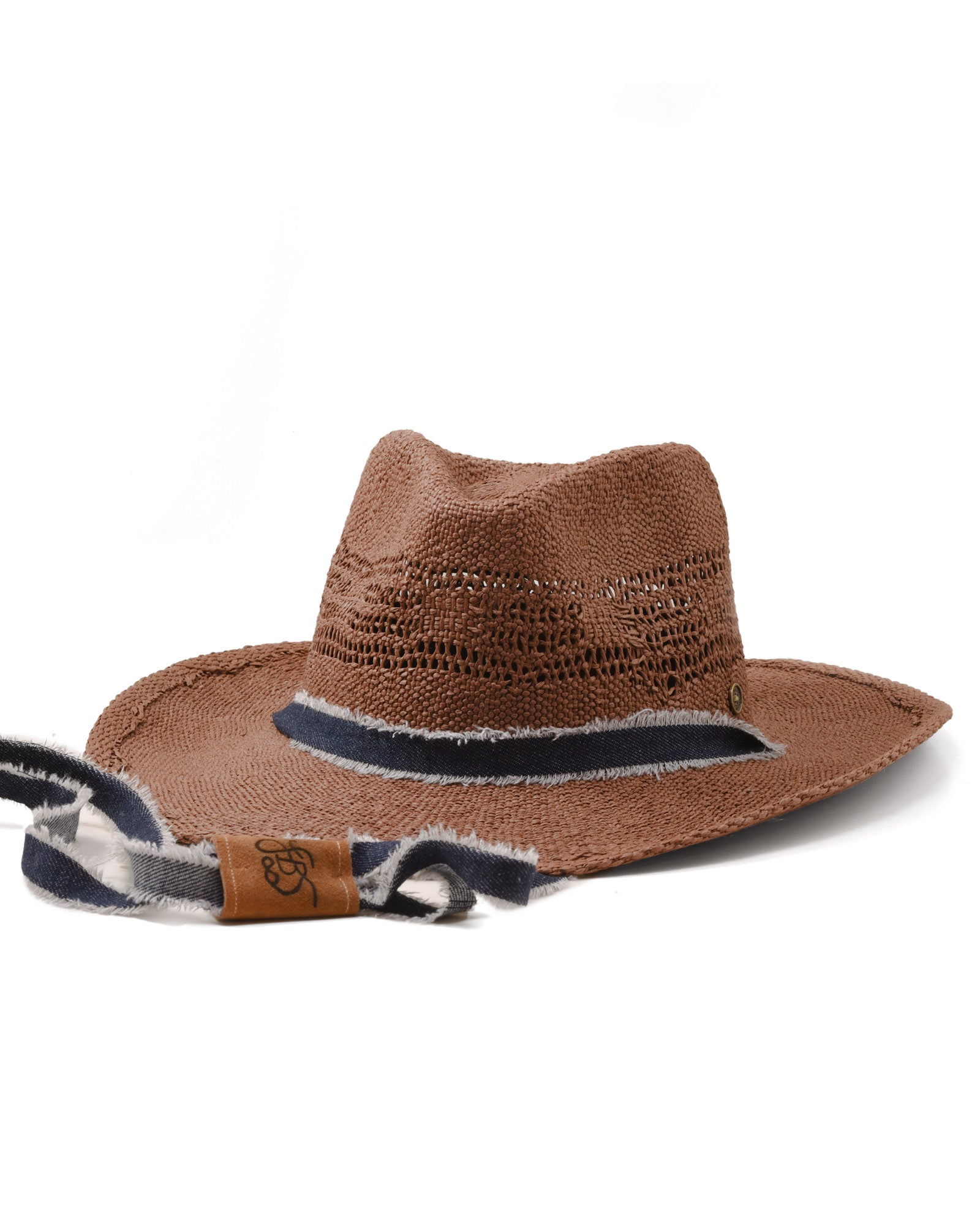Sun Chaser Cowboy Straw Hat Chocolate, raffia cowboy hat with denim strap and bendable brim.