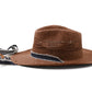 Side view Sun Chaser Cowboy Straw Hat Chocolate, raffia cowboy hat with denim strap and bendable brim.