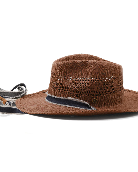 Side view Sun Chaser Cowboy Straw Hat Chocolate, raffia cowboy hat with denim strap and bendable brim.