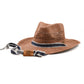 Front view Sun Chaser Cowboy Straw Hat Chocolate, raffia cowboy hat with denim strap and bendable brim.
