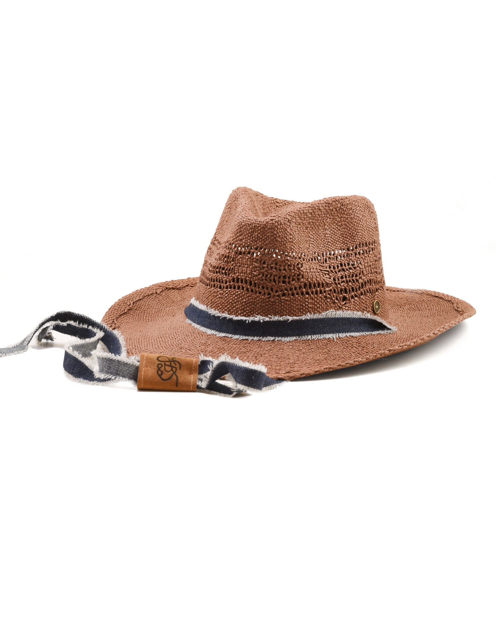 Front view Sun Chaser Cowboy Straw Hat Chocolate, raffia cowboy hat with denim strap and bendable brim.