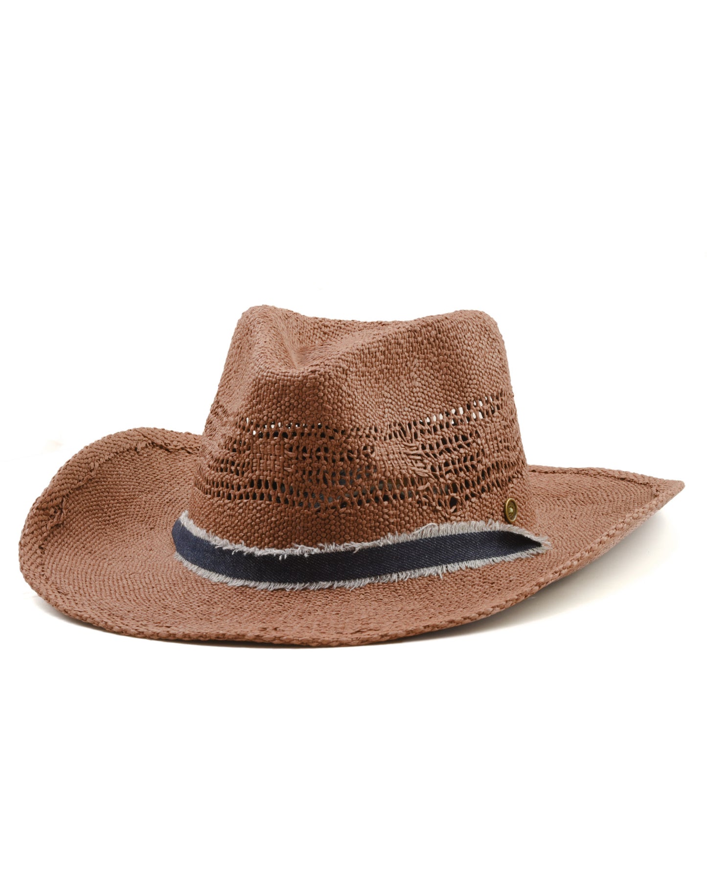 Front view FallenBROKENstreet Sun Chaser Hat – Chocolate, raffia straw cowboy hat with leather inner band.