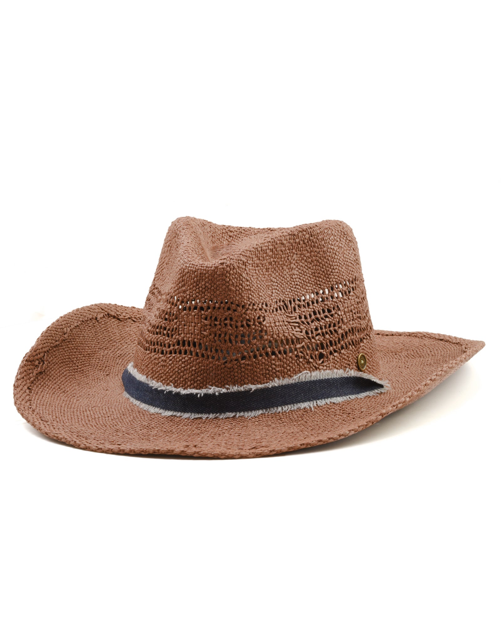 Front view FallenBROKENstreet Sun Chaser Hat – Chocolate, raffia straw cowboy hat with leather inner band.
