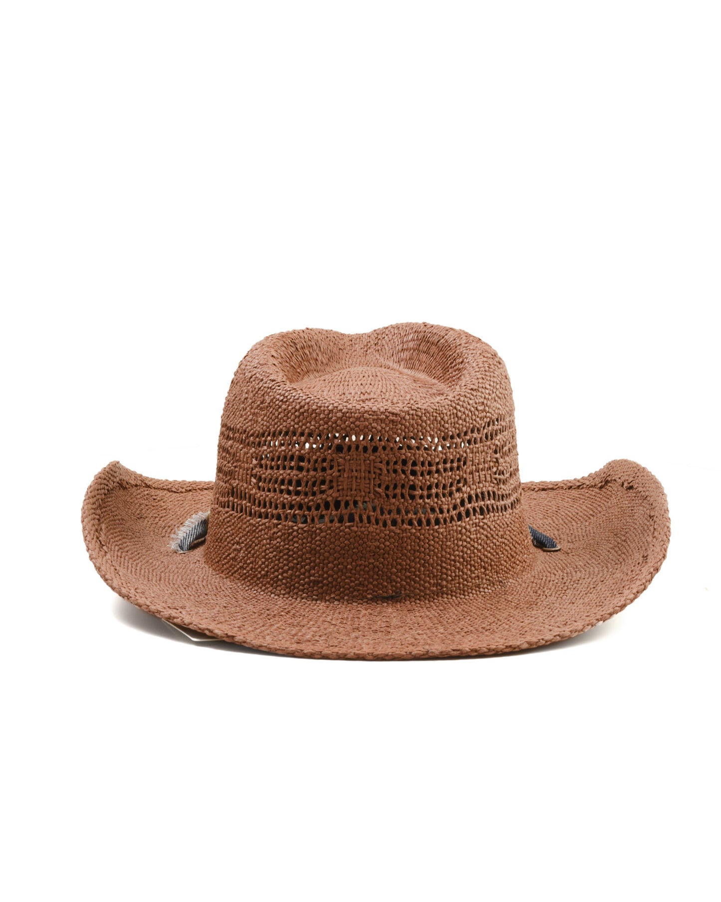 Back view FallenBROKENstreet Sun Chaser Hat – Chocolate, raffia straw cowboy hat with leather inner band.