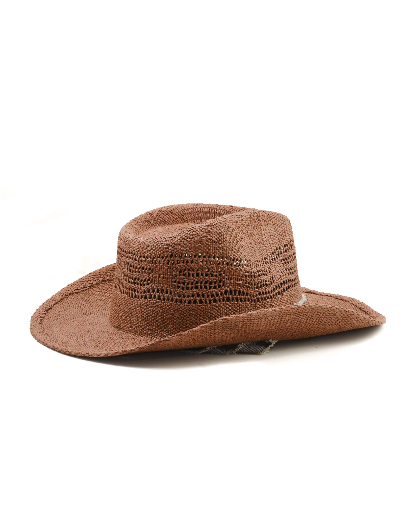 angled back view of FallenBROKENstreet Sun Chaser Hat – Chocolate, raffia straw cowboy hat with leather inner band.