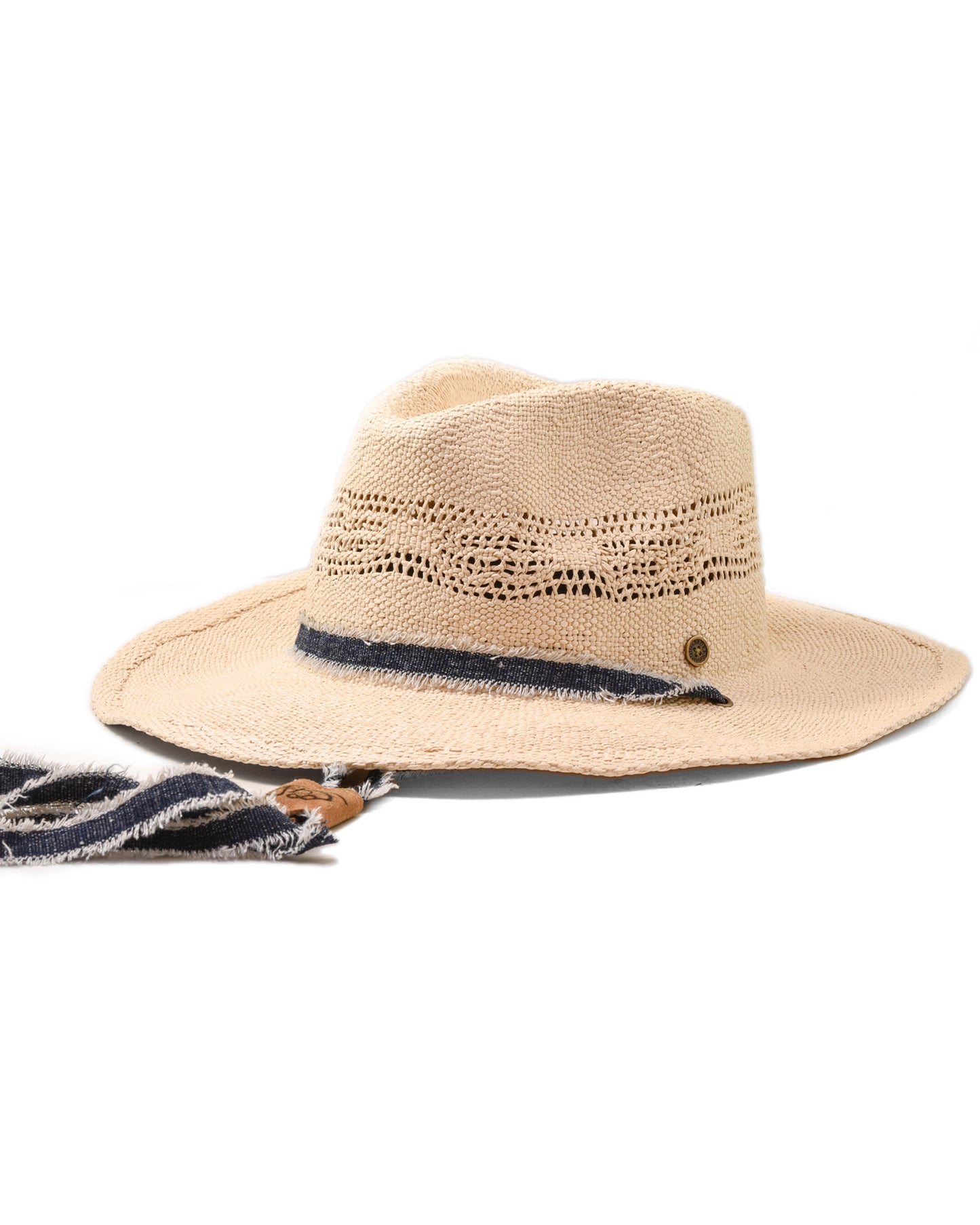 FallenBROKENstreet Sun Chaser Cowboy Hat, raffia straw with leather band and denim strap.
