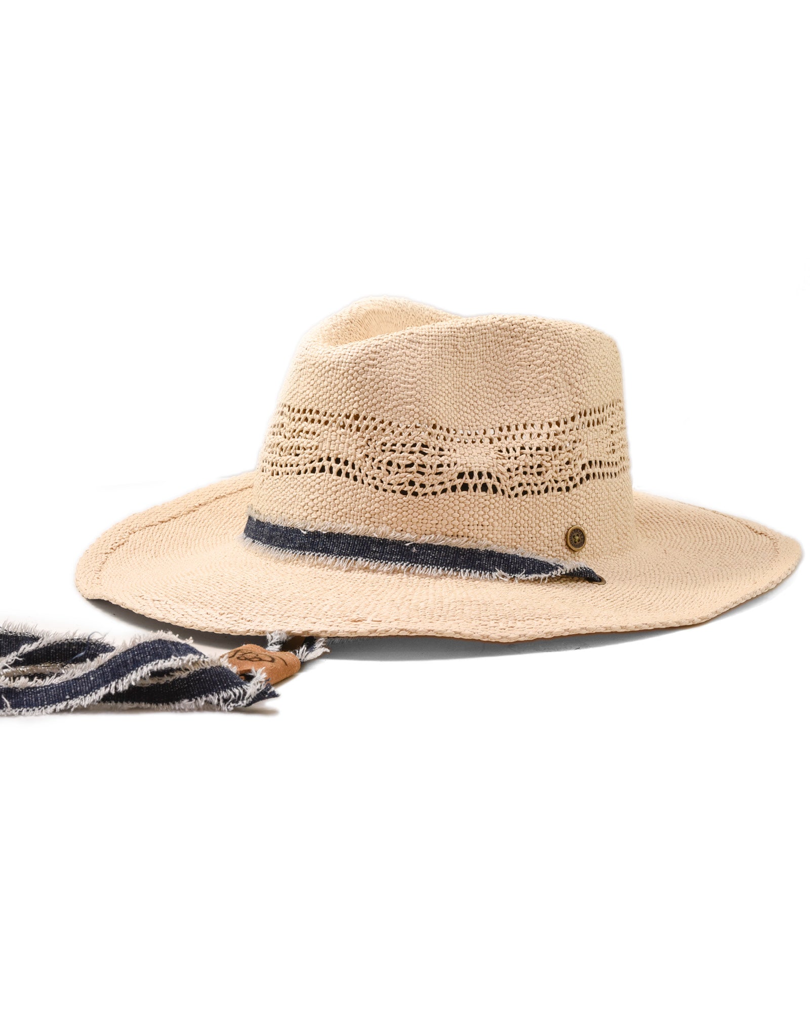 FallenBROKENstreet Sun Chaser Cowboy Hat, raffia straw with leather band and denim strap.