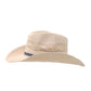 side view Sun Chaser Cowboy Straw Hat Denim, raffia straw hat with bendable brim and frayed denim strap.