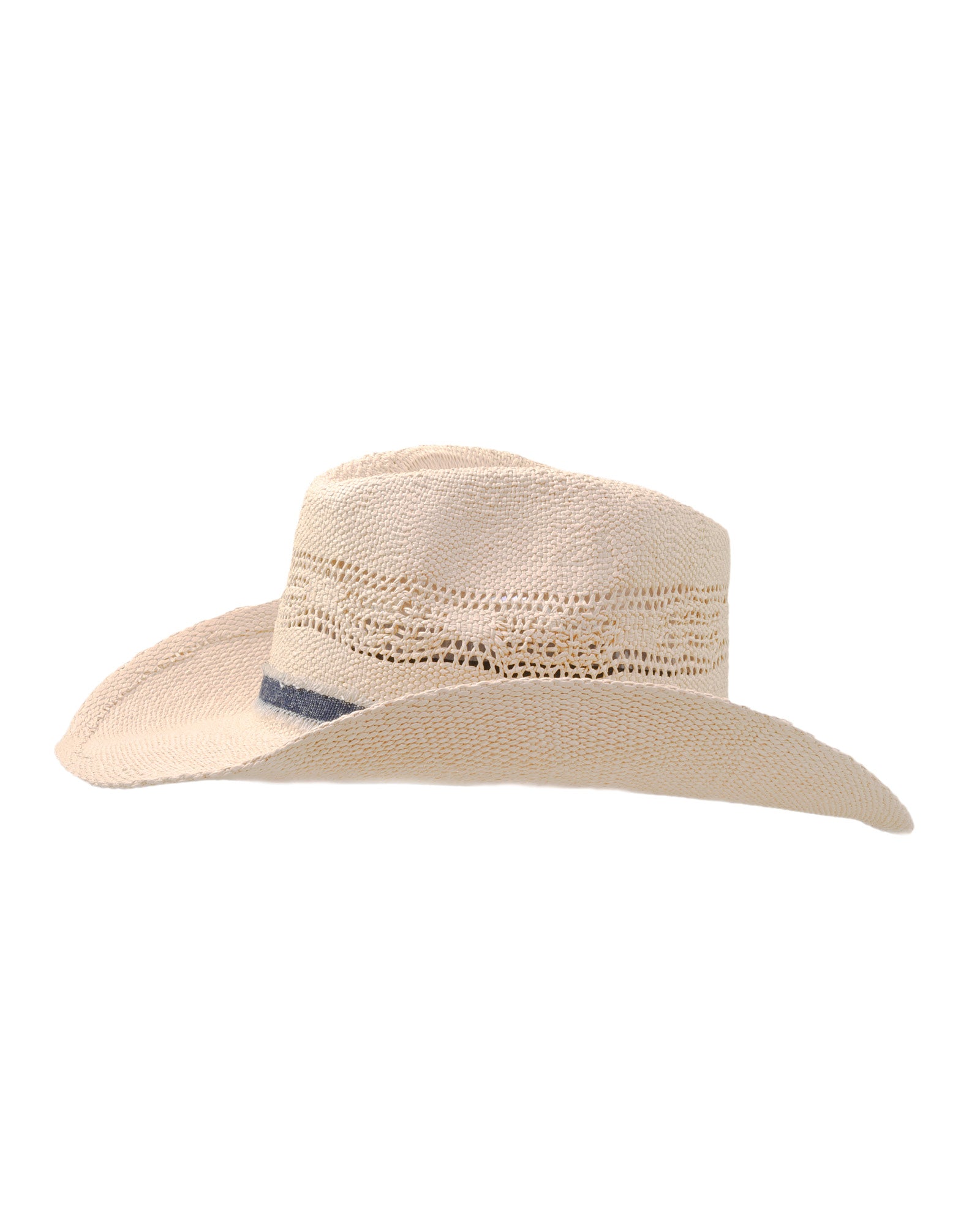 side view Sun Chaser Cowboy Straw Hat Denim, raffia straw hat with bendable brim and frayed denim strap.