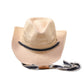 Front view Sun Chaser Cowboy Straw Hat Denim, raffia straw hat with bendable brim and frayed denim strap.