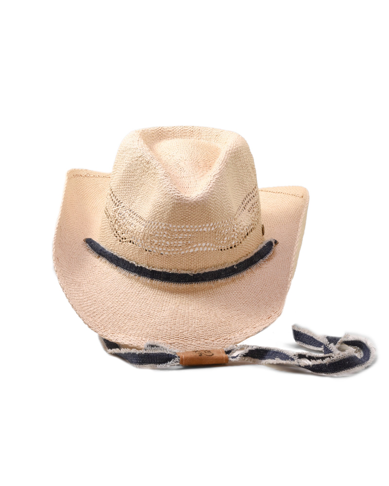 Front view Sun Chaser Cowboy Straw Hat Denim, raffia straw hat with bendable brim and frayed denim strap.