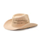 back view Sun Chaser Cowboy Straw Hat Denim, raffia straw hat with bendable brim and frayed denim strap.