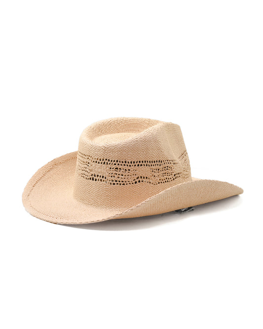 back view Sun Chaser Cowboy Straw Hat Denim, raffia straw hat with bendable brim and frayed denim strap.