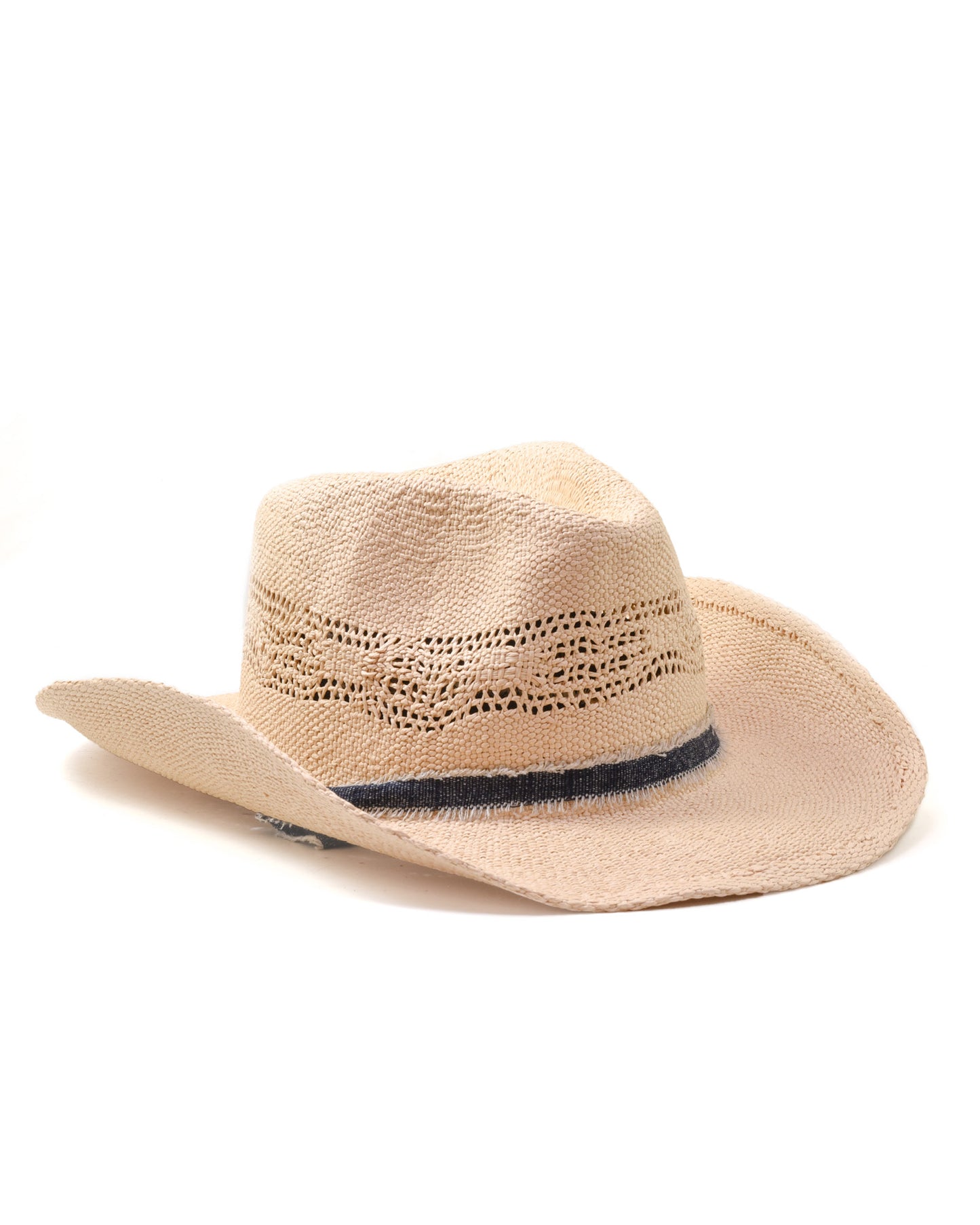 FallenBROKENstreet Sun Chaser Cowboy Hat, raffia straw with leather band and denim strap.