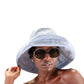 Stylish and casual look with light blue cotton corduroy hat and sunglasses, ideal for sun protection and fashion-forward outings.