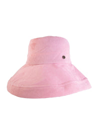 Soft pink cotton corduroy bucket hat with wide brim by FallenBROKENstreet, foldable and breathable, perfect for summer beachwear or festivals.

