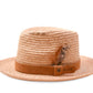 Side View FallenBROKENstreet Straw Hat – Natural raffia with leather band and feather accent.