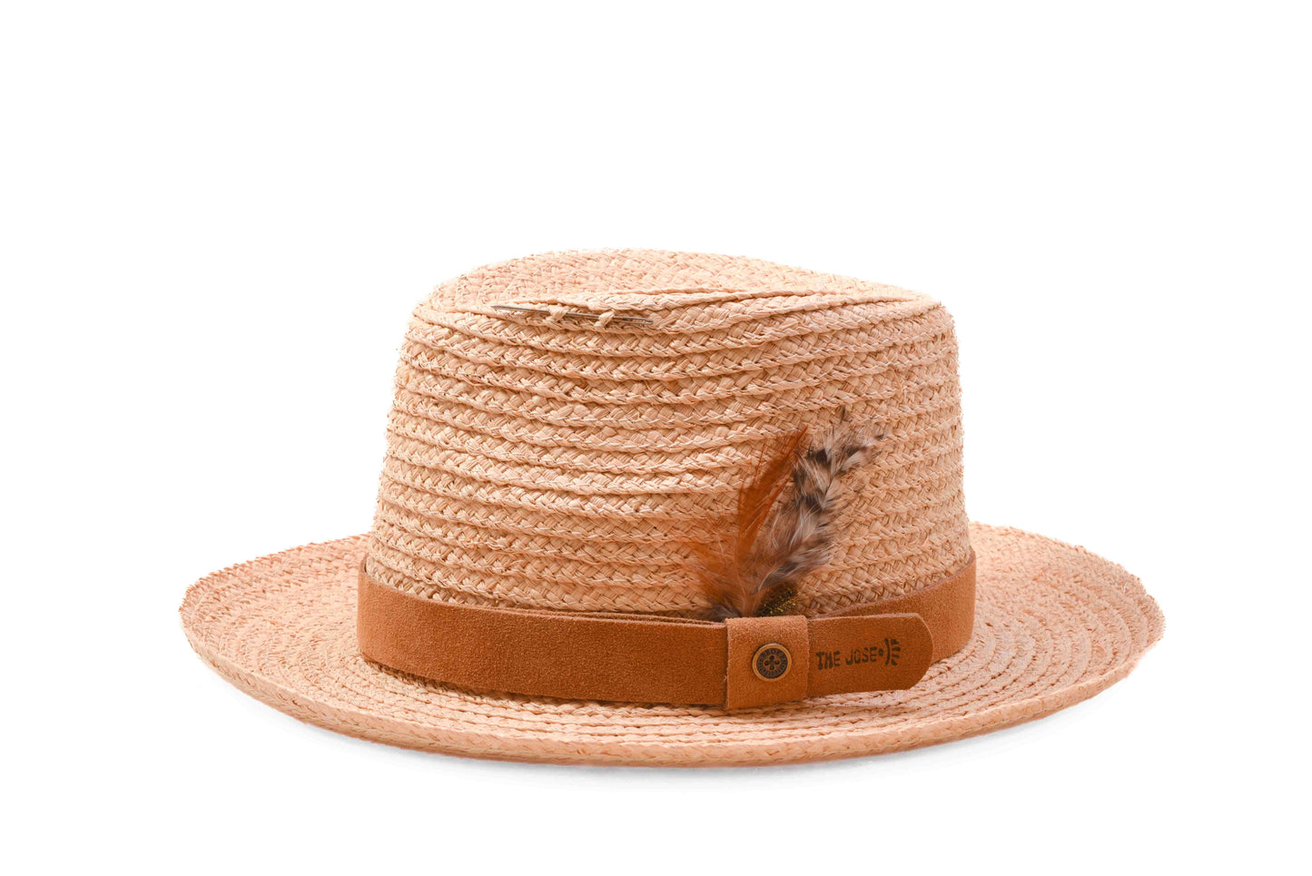 Side View FallenBROKENstreet Straw Hat – Natural raffia with leather band and feather accent.