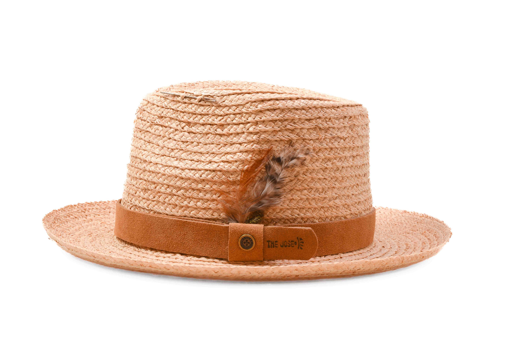 Side View FallenBROKENstreet Straw Hat – Natural raffia with leather band and feather accent.