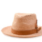 Front View Sundown Straw Hat Natural, raffia straw hat with leather band and feather detail.