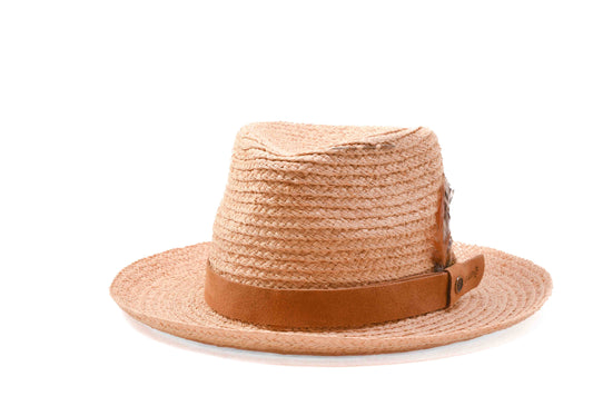 Front View Sundown Straw Hat Natural, raffia straw hat with leather band and feather detail.