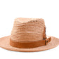 Front Angle Natural Raffia Straw Hat, unisex summer hat with leather band and feather trim.