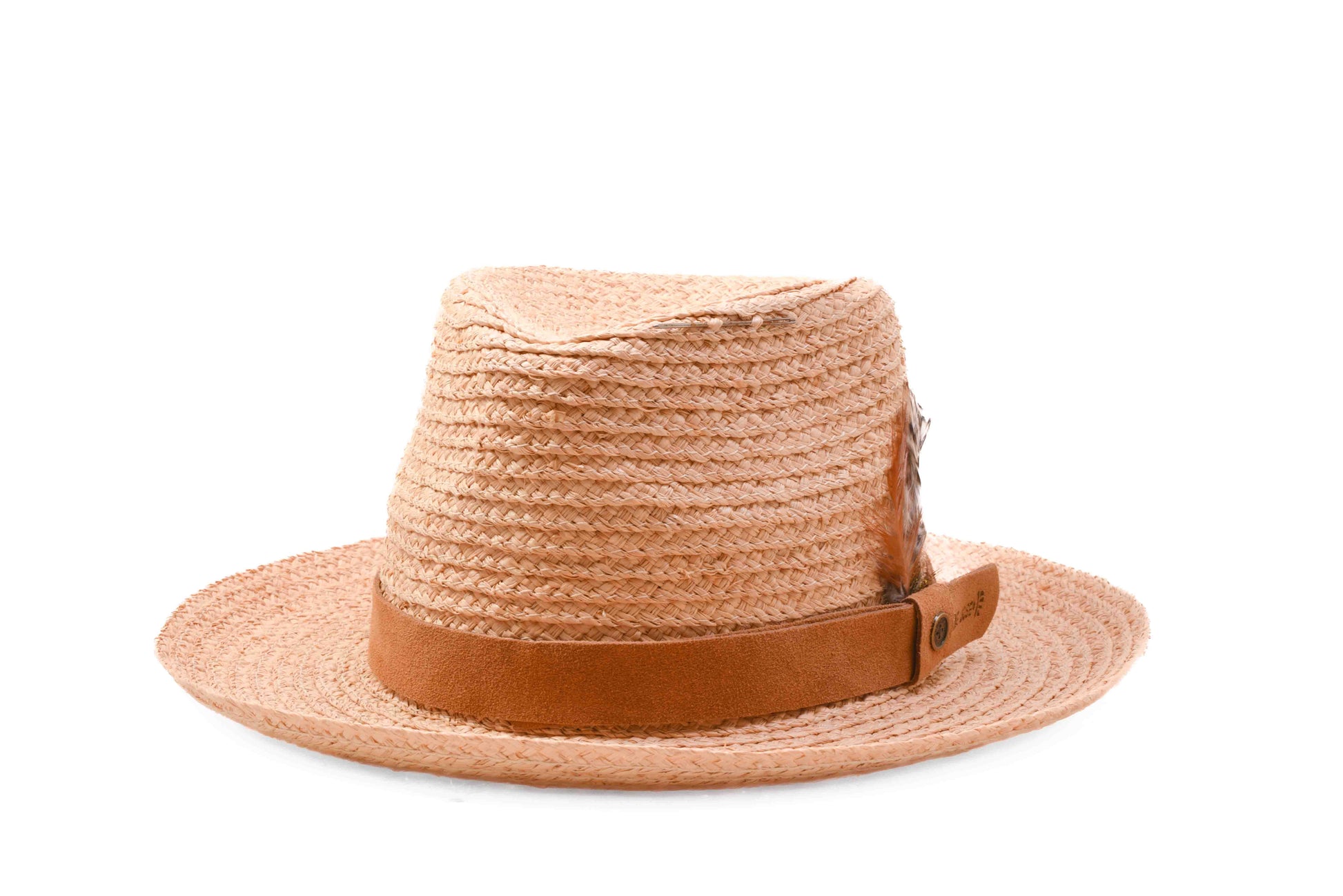 Front Angle Natural Raffia Straw Hat, unisex summer hat with leather band and feather trim.