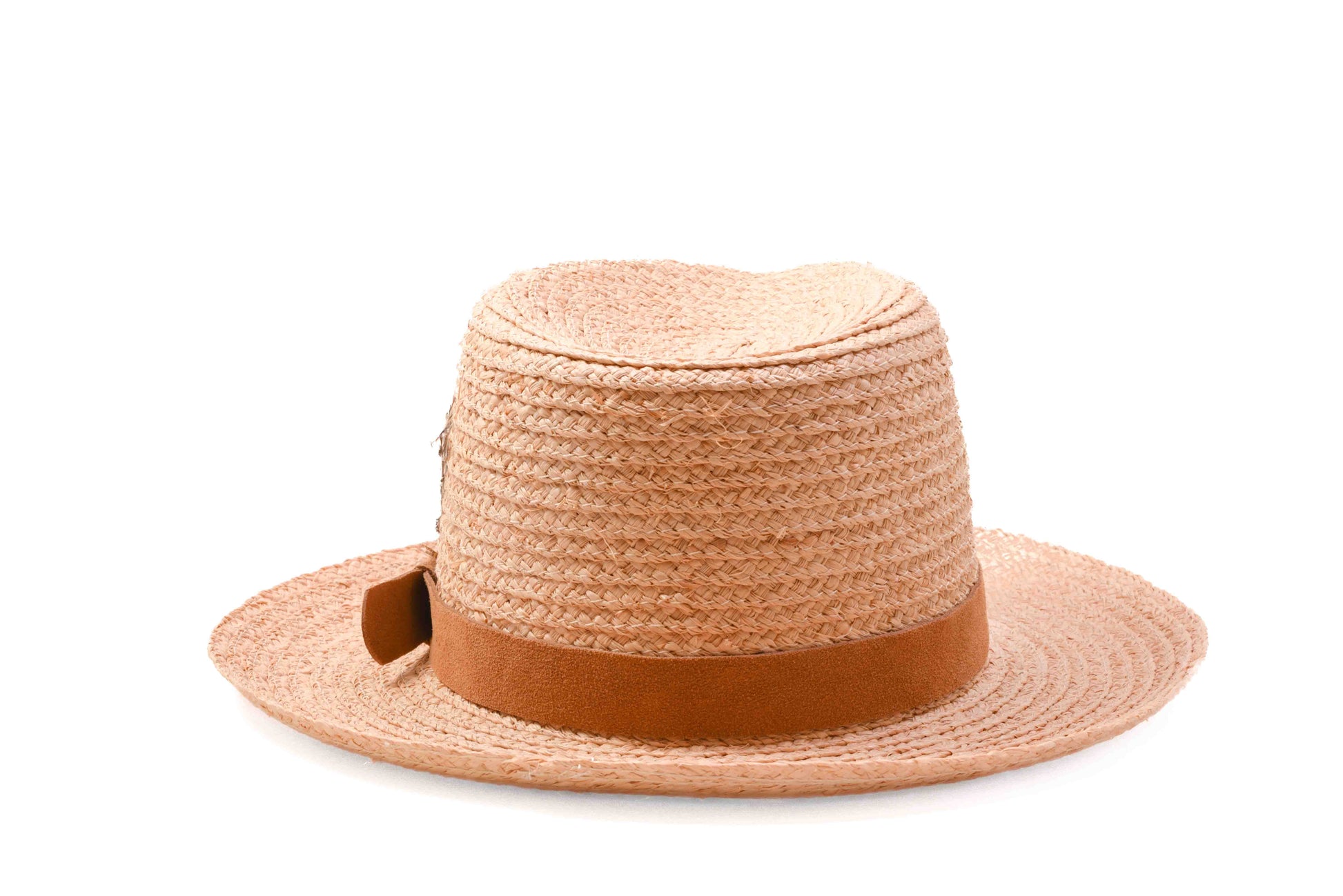 Back view FallenBROKENstreet Straw Hat – Natural raffia with leather band and feather accent.