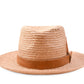 Front view FallenBROKENstreet Straw Hat with Natural raffia with leather band and feather accent.