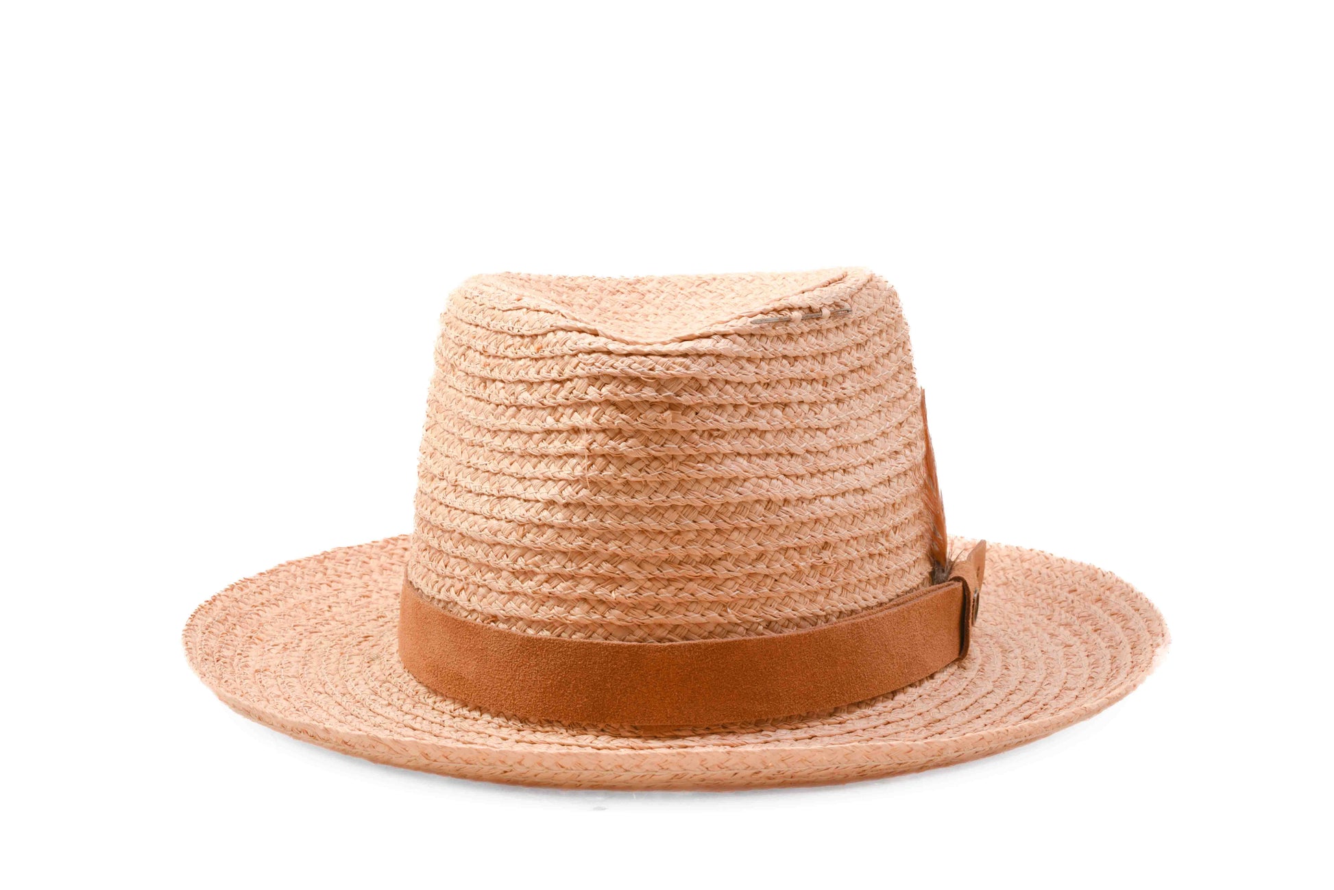 Front view FallenBROKENstreet Straw Hat with Natural raffia with leather band and feather accent.