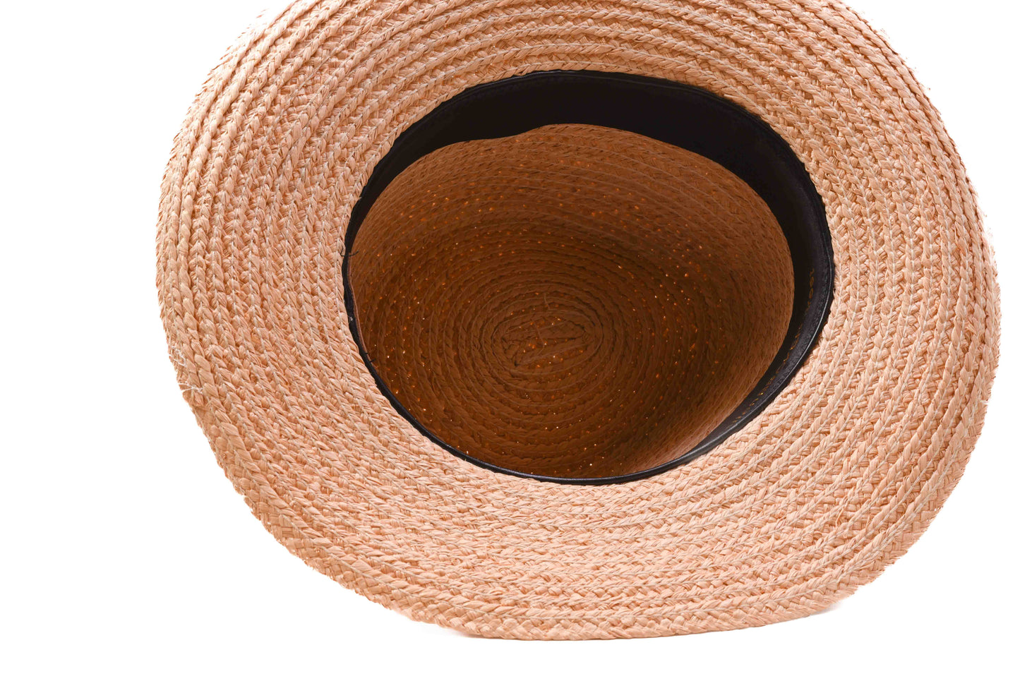 Inside view of leather band on FallenBROKENstreet Straw Hat – Natural raffia with leather band and feather accent.