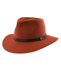 The Dingo Felt Hat – Rust by FallenBROKENstreet. 100% Australian wool felt fedora with textured leather band and metal button. Unisex hat offering UPF 50+ protection.