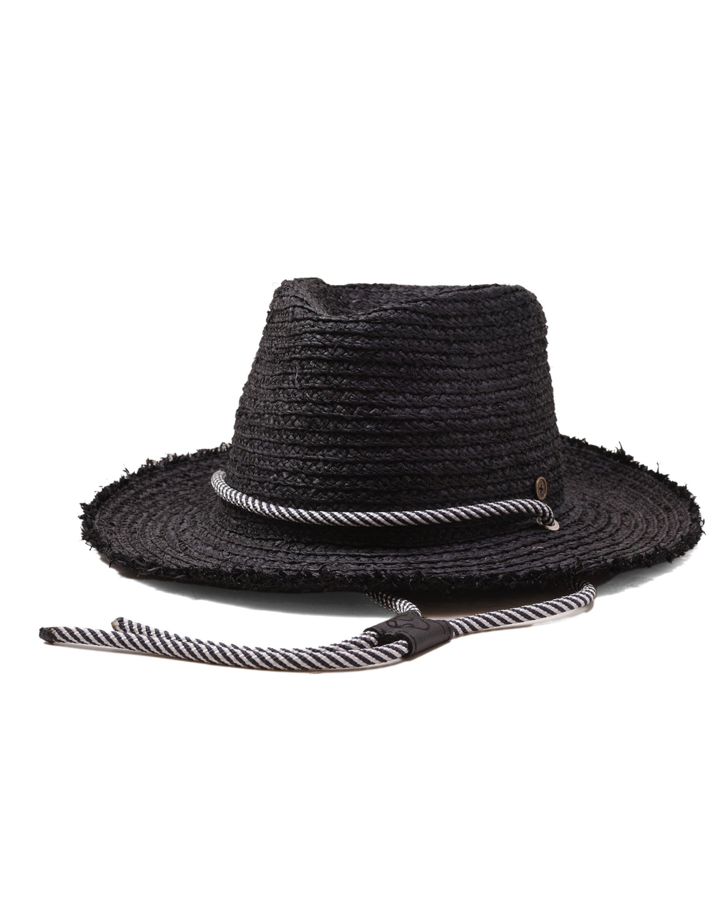 Front view Black Raffia Straw Hat, unisex raffia hat with cord detail and leather inner band.
