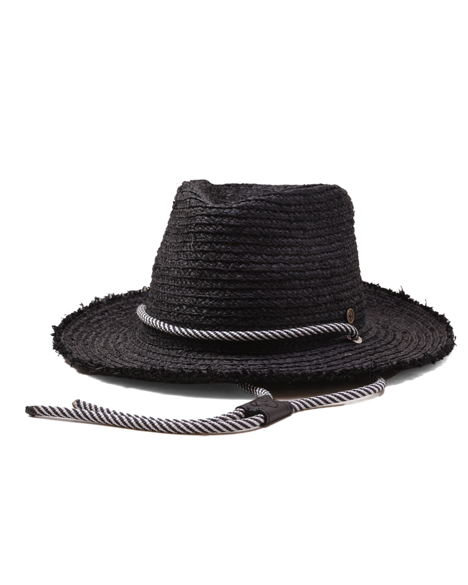 Front view Black Raffia Straw Hat, unisex raffia hat with cord detail and leather inner band.