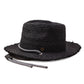 Side view FallenBROKENstreet Outrider Straw Hat – Black Raffia with frayed brim and cord tie.