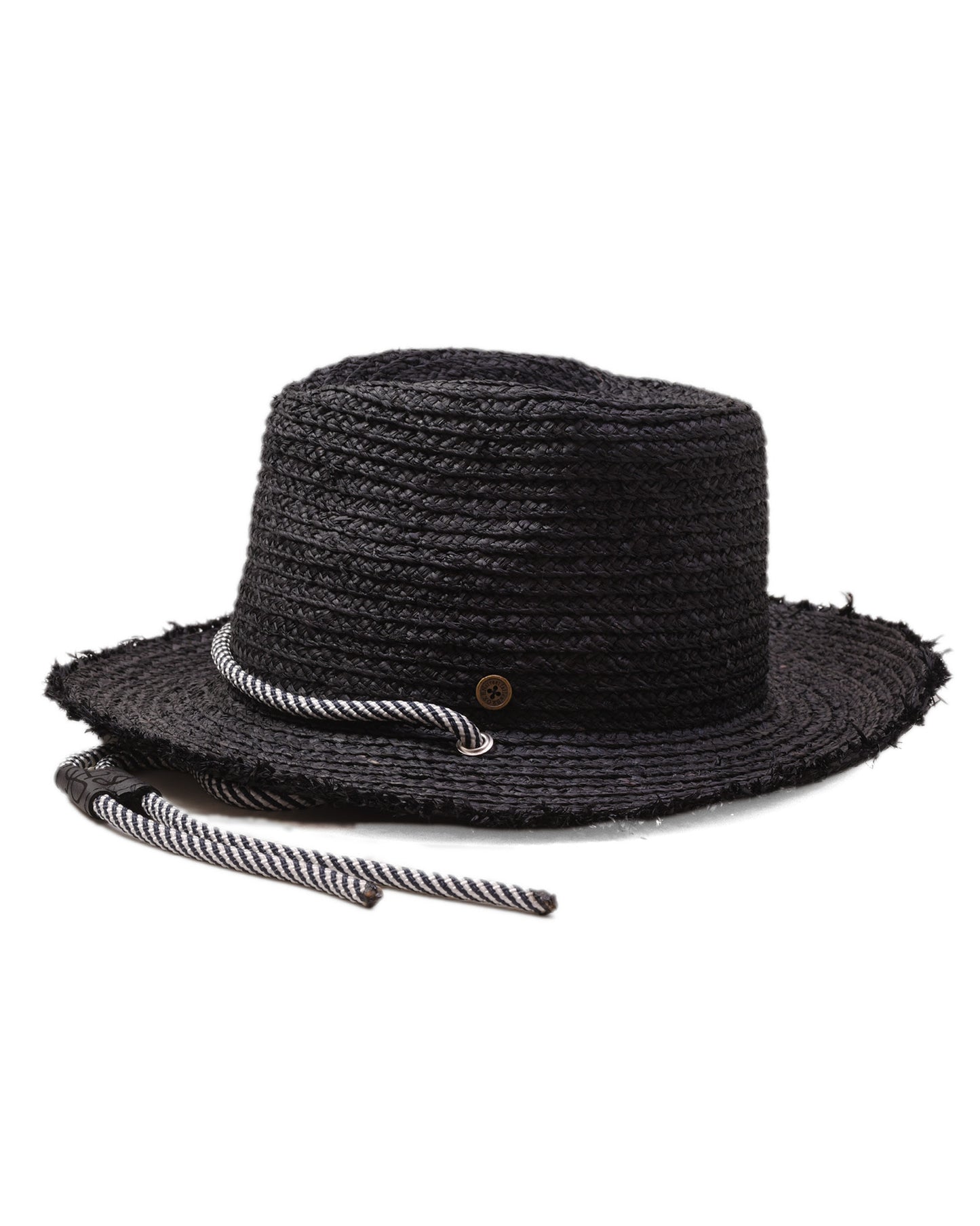 Side view FallenBROKENstreet Outrider Straw Hat – Black Raffia with frayed brim and cord tie.
