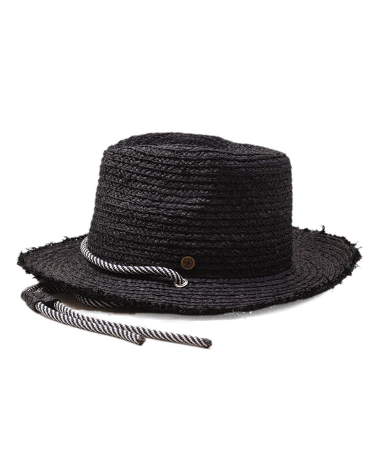 Side view FallenBROKENstreet Outrider Straw Hat – Black Raffia with frayed brim and cord tie.