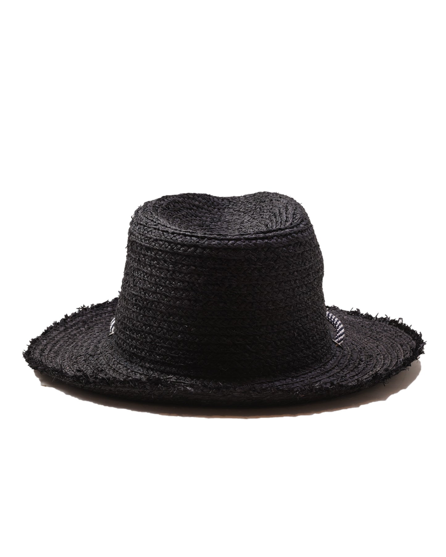 Back view Black Raffia Straw Hat, unisex raffia hat with cord detail and leather inner band.
