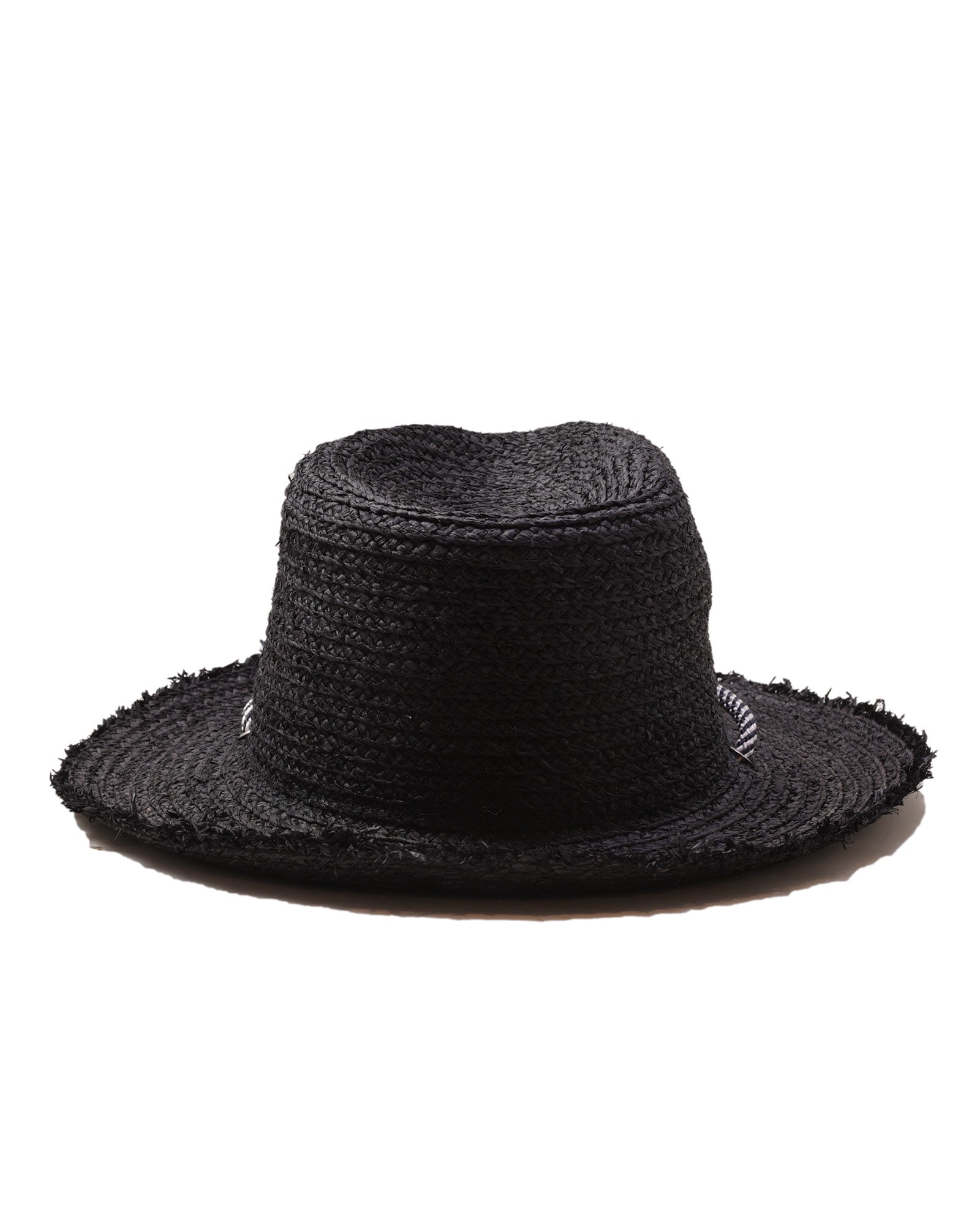Back view Black Raffia Straw Hat, unisex raffia hat with cord detail and leather inner band.