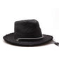 Right side view Black Raffia Straw Hat, unisex raffia hat with cord detail and leather inner band.