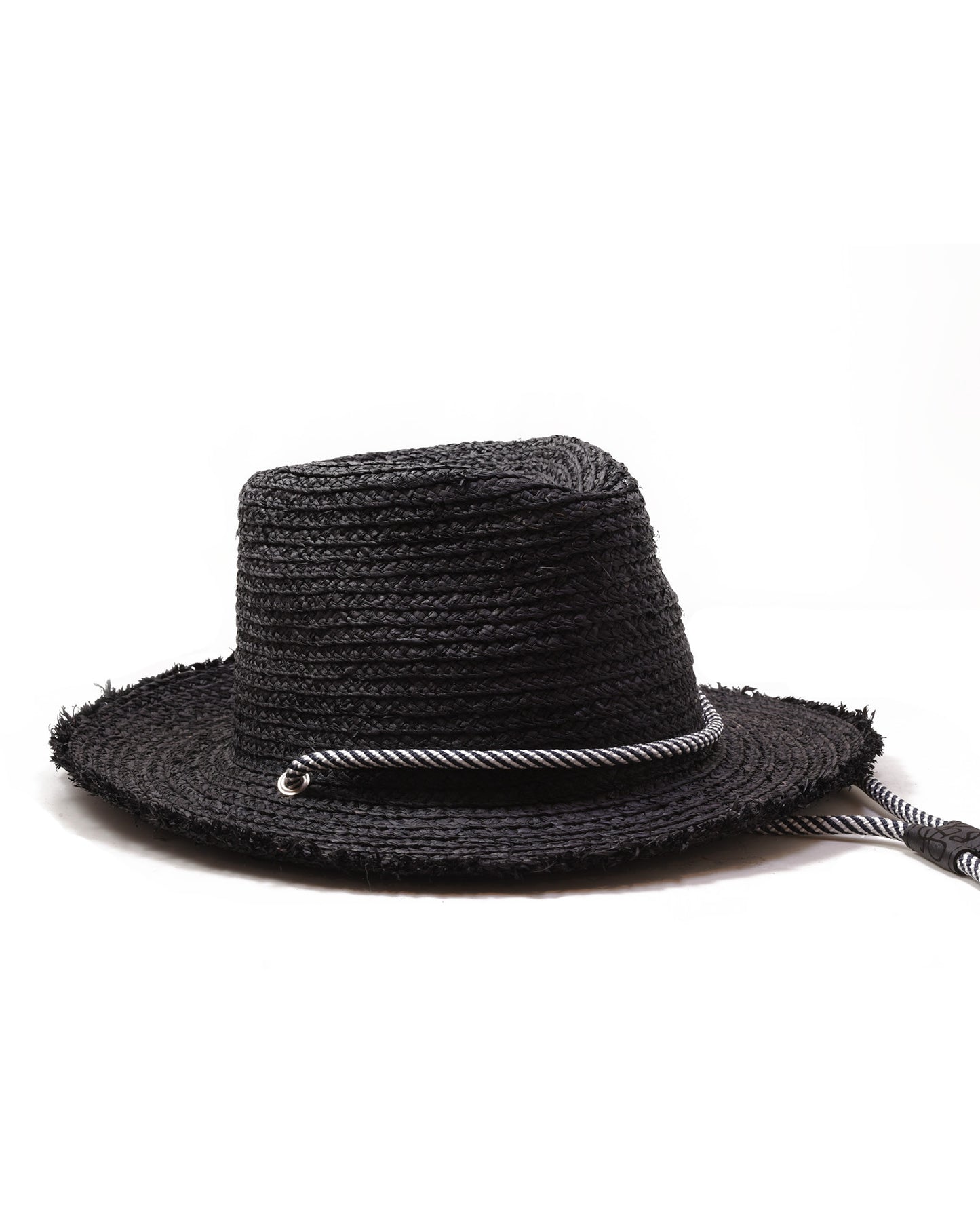 Right side view Black Raffia Straw Hat, unisex raffia hat with cord detail and leather inner band.