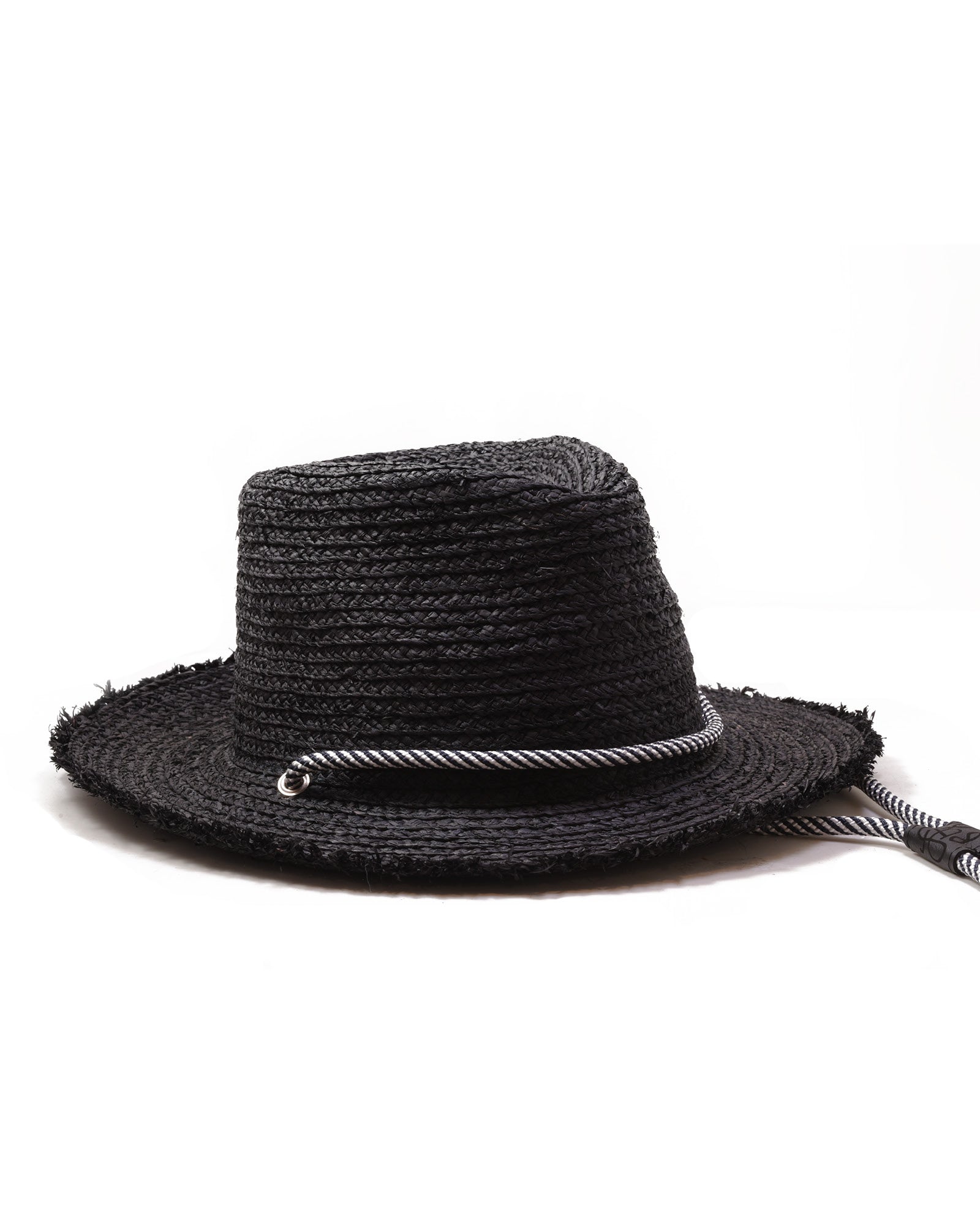 Right side view Black Raffia Straw Hat, unisex raffia hat with cord detail and leather inner band.