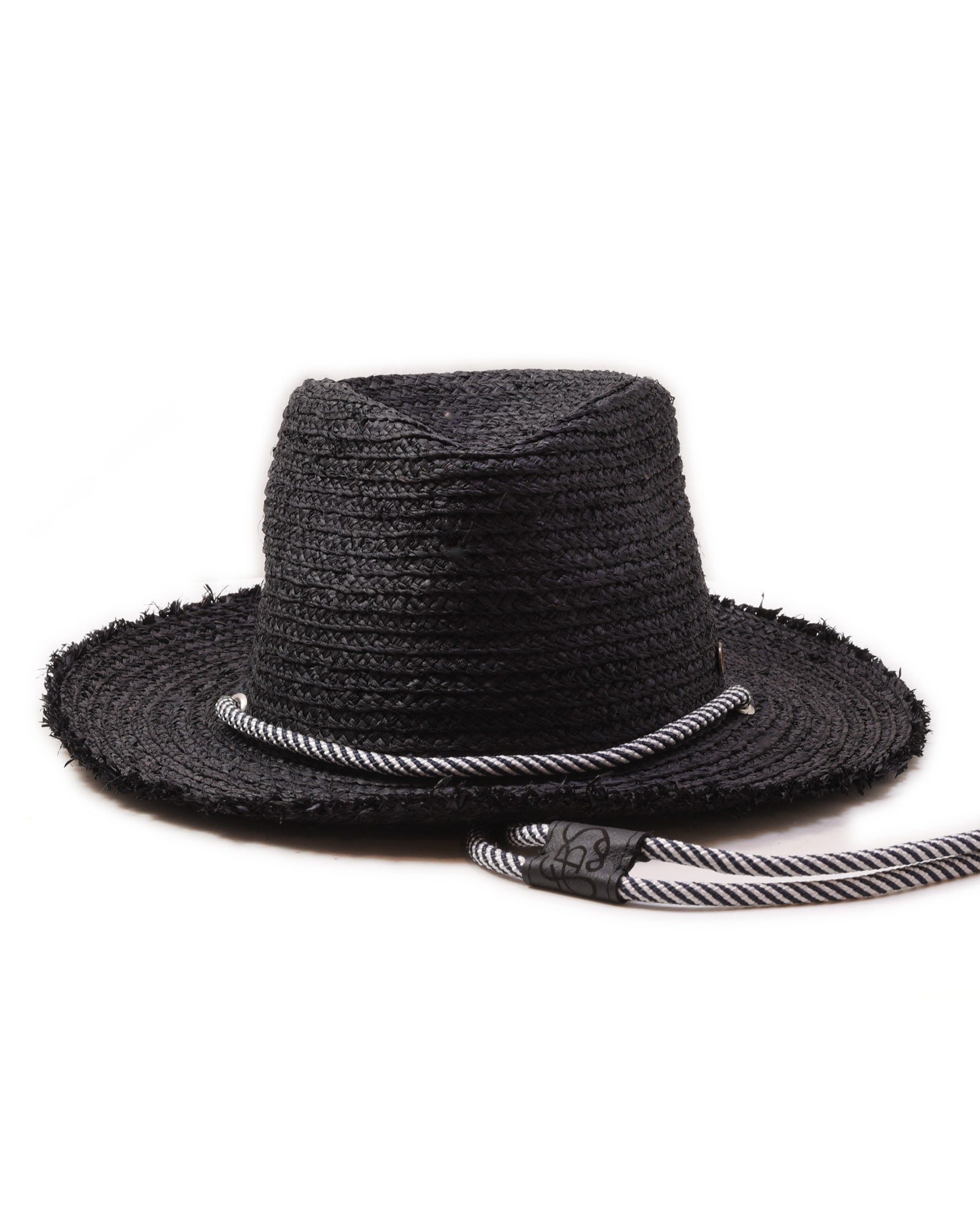 Outrider Straw Hat Black Raffia, handwoven straw hat with cord detail and leather inner band.