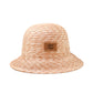 Beige straw bucket hat by fallenbrokenstreet with a brown leather patch on a white background 