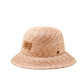 Beige straw bucket hat with a brown label on a white background