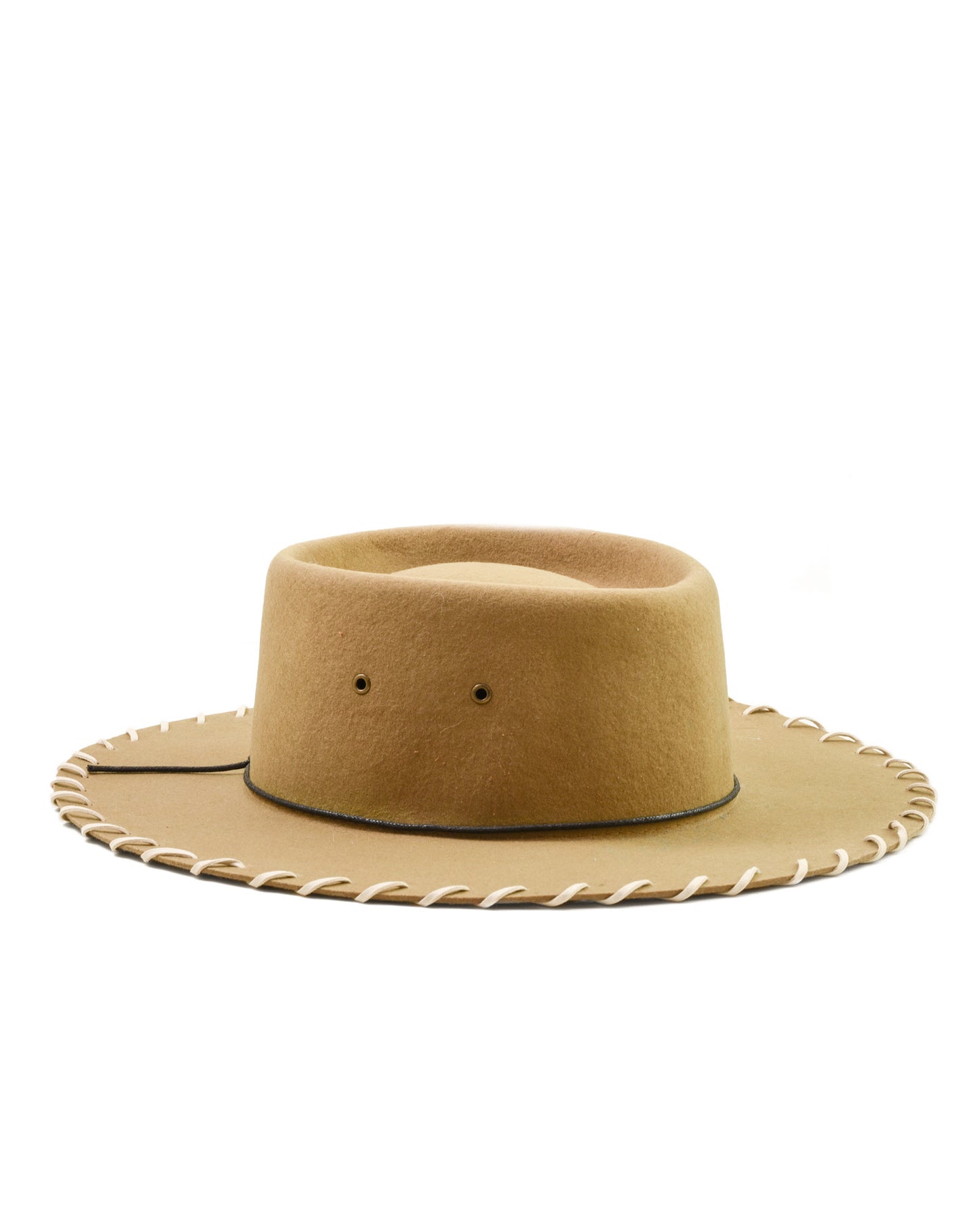 Trailblazer Felt Hat by FallenBROKENstreet. Australian wool felt with leather inner band, whipstitch brim, and feather accent. Unisex design offering UPF 50+ sun protection and heritage cowboy inspiration, built for festivals, travel, and rugged daily wear.