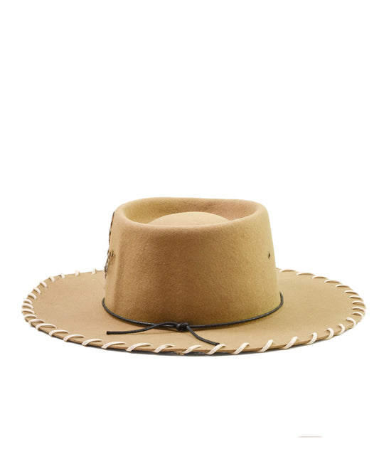 Beige cowboy hat with a black band on a white background