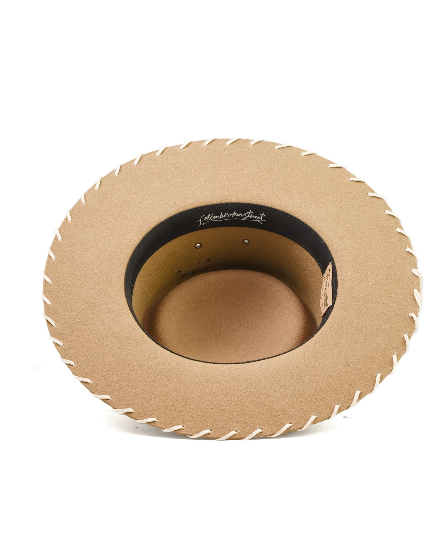 Inside view Trailblazer Felt Hat by FallenBROKENstreet. Australian wool felt with leather inner band, whipstitch brim, and feather accent. Unisex design offering UPF 50+ sun protection and heritage cowboy inspiration, built for festivals, travel, and rugged daily wear.