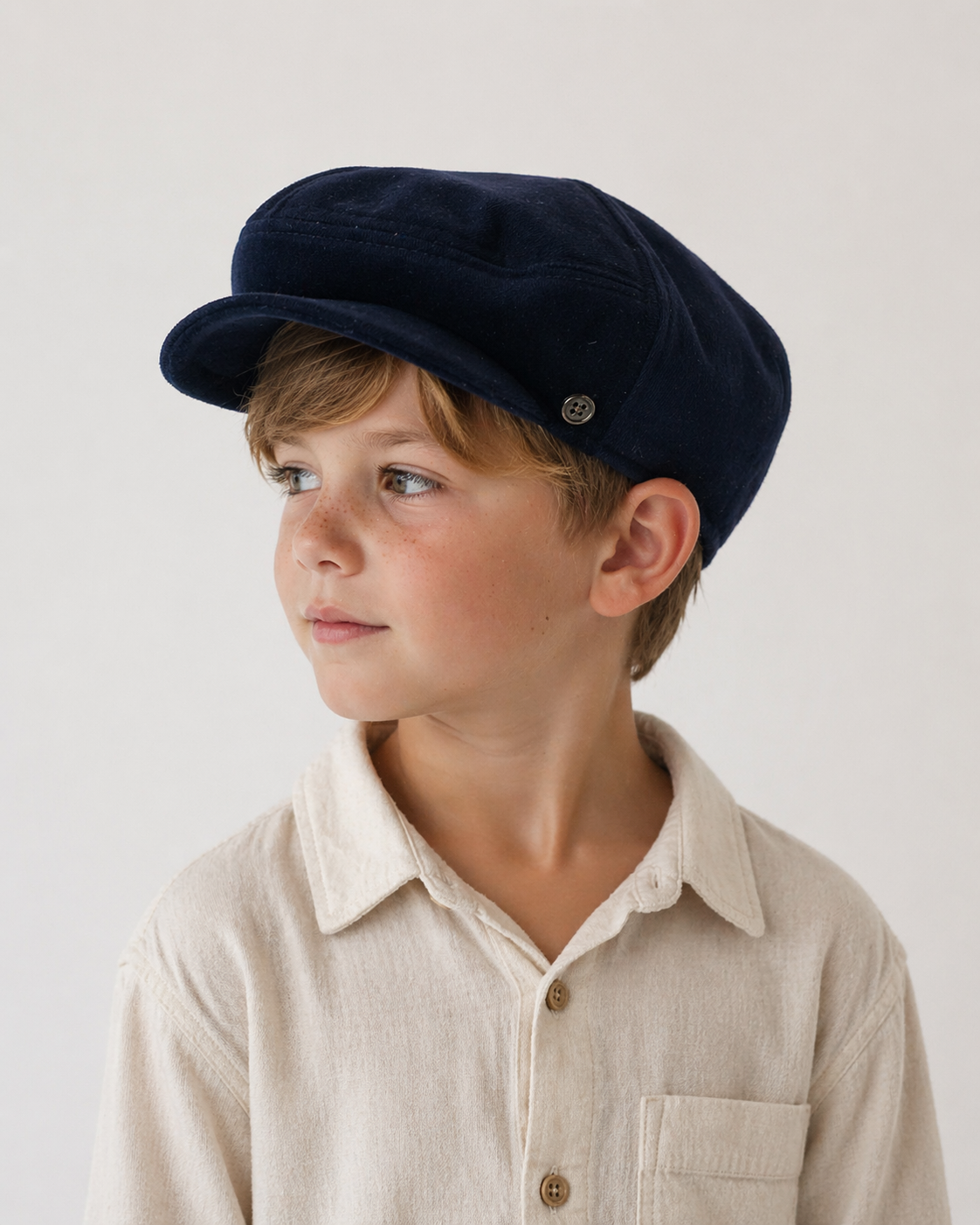 Young boy wearing a navy cap against a plain background